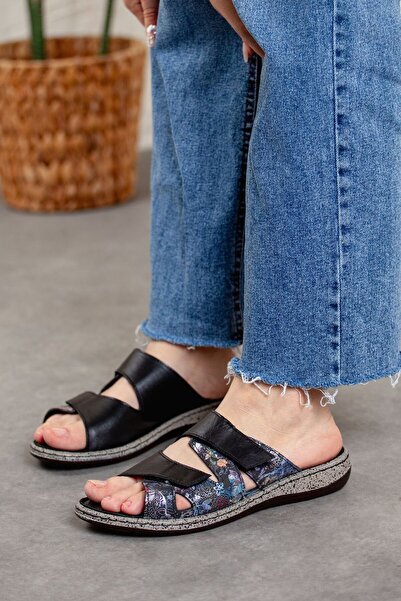 DERİMİSS Γυναικείες ορθοπεδικές επίπεδες παντόφλες με γνήσιο δέρμα με λουλούδια