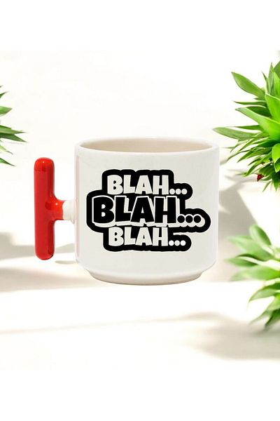 BB TRADE Blah Blah Designed Red T-Handle Ceramic Printed Mug 250 ml