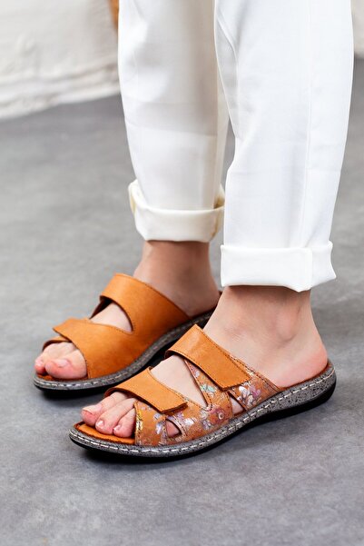 DERİMİSS Women's Genuine Leather Floral Patterned Orthopedic Flat Slippers