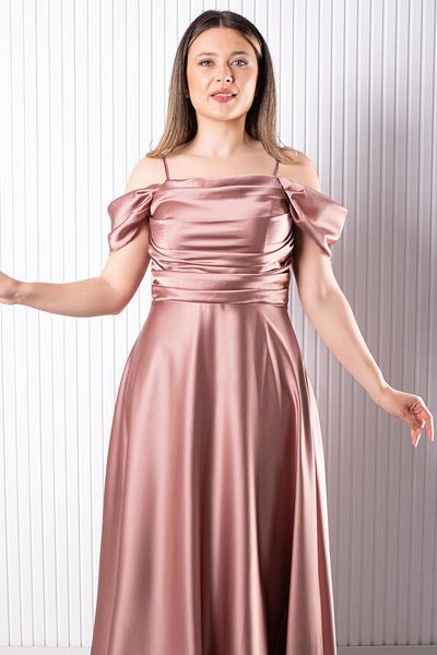 SUBU TASARIM Strap Satin Evening Dress Dusty Rose Tbs388