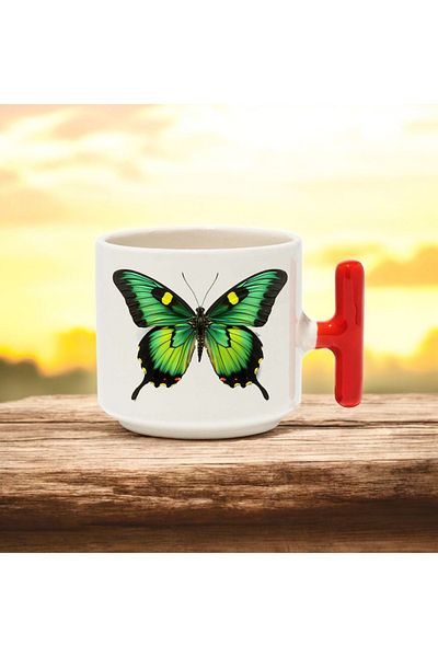 BB TRADE Green Butterfly Designed Red t Handle Ceramic Printed Mug Cup 250 ml