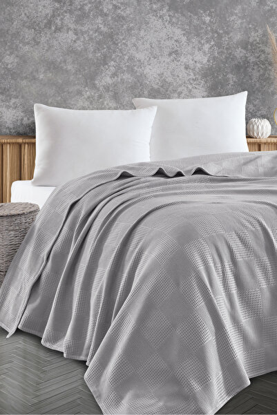 Eponj Home Tek Kişilik %100 Pamuk Pike Örtü 160x230 cm – Karo Desenli Gri – Weave Serisi