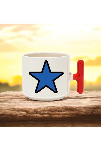 BB TRADE Blue Star Designed Red t Handle Ceramic Printed Mug Cup 250 ml