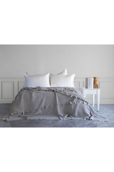 Dantela Plume Pompom Bedspread - Light Gray