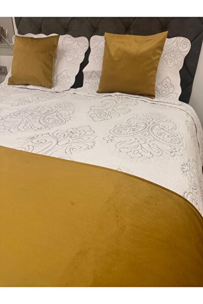 Becenhouse Yatak Runner Set Çift Kişilik Fırfırlı Hardal Sarı Ev Ve Oteller Için 1 Ad. Runner 2 Ad. Kırlent