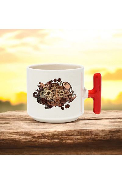 BB TRADE Hot Coffee Designed Red t Handle Ceramic Printed Mug Cup 250 ml
