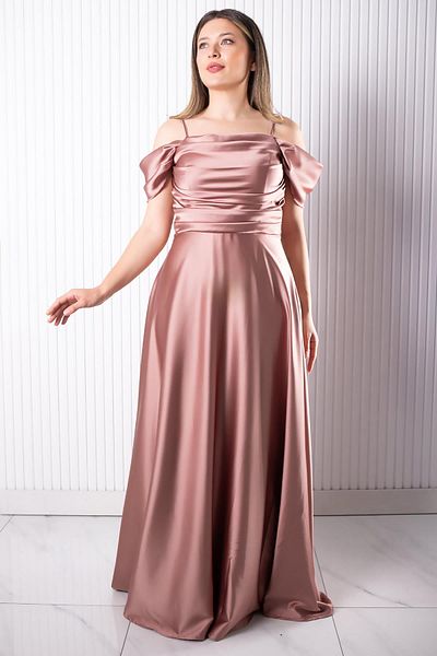 SUBU TASARIM Strap Satin Evening Dress Dusty Rose Tbs388