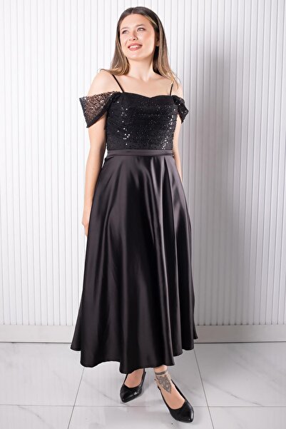 SUBU TASARIM Βραδινό φόρεμα σατέν με παγιέτες με λουράκια μαύρο TBS386