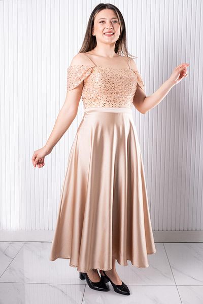 SUBU TASARIM Strap Sequin Satin Evening Dress Gold Tbs386