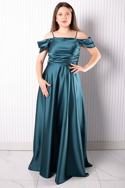 SUBU TASARIM Satin Evening Dress with Straps Petrol Tbs388