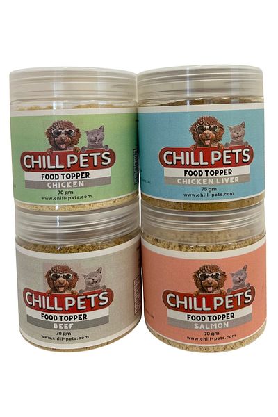 Chill Pets مجموعة متنوعة من أغطية الطعام، دجاج، كبد دجاج، لحم بقري، سلمون، 70-75 جرام، عبوة من 4 قطع.