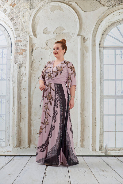 BDM Exclusive Dijital Baskılı Taş Detaylı Büyük Beden Lila Abiye Elbise