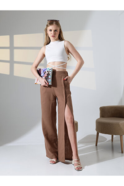 Buklemoda Μουσελίνα Pantalon καφέ με σκίσιμο