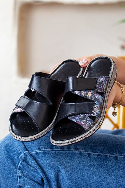 DERİMİSS Γυναικείες ορθοπεδικές επίπεδες παντόφλες με γνήσιο δέρμα με λουλούδια