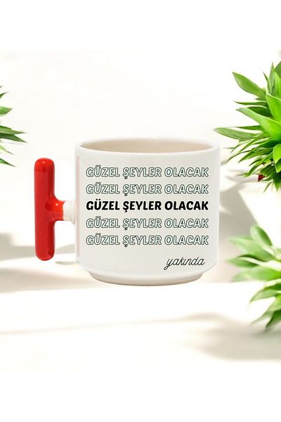 BB TRADE Red t Handle Ceramic Printed Mug Cup with Nice Things Will Happen Design 250 ml
