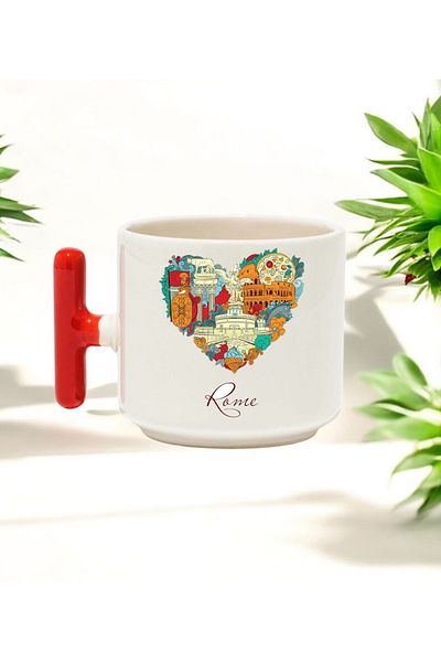 BB TRADE Roman Design Red t Handle Ceramic Printed Mug Cup 250 ml