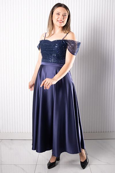 SUBU TASARIM Strap Sequin Satin Evening Dress Navy Blue Tbs386