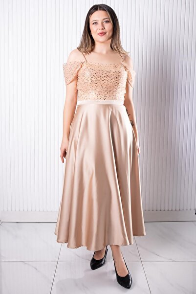 SUBU TASARIM Strap Sequin Satin Evening Dress Gold Tbs386