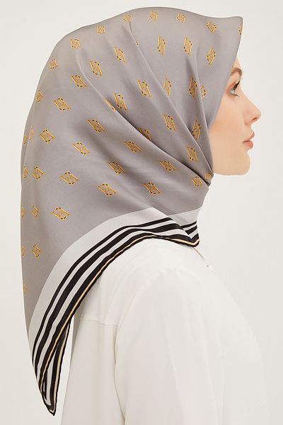 Armine Nostalgia Sura Silk Scarf 8959Ds-03 Pattern with Logo Gray-Gold
