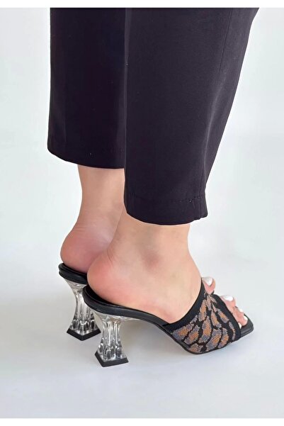 ewoman Erja Black Patterned Knitwear Heeled Slippers