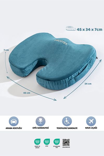 VİSCOTEX Visco Orthopedic, Non-Slip Base, Office, Car, Coccyx Sitting Cushion, 45X34X7Cm