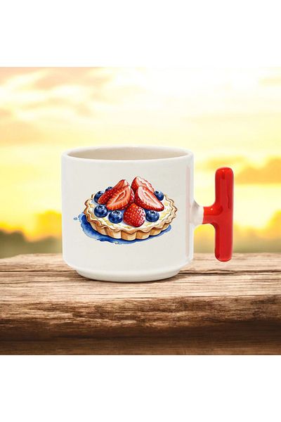 BB TRADE Strawberry Tart Design Red T-Handle Ceramic Printed Mug 250 ml