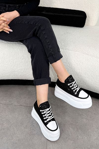 Mamito Ayakkabı Frm 028 High Sole Lace-Up Sneakers with Sequin Detail