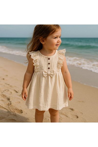 TinyAlp Lace Laced Natural Muslin Fabric Girl's Dress