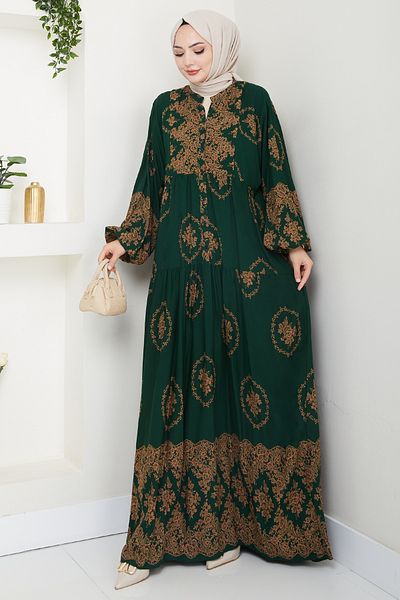 InStyle Gold Ethnic Pattern Green Viscose Dress