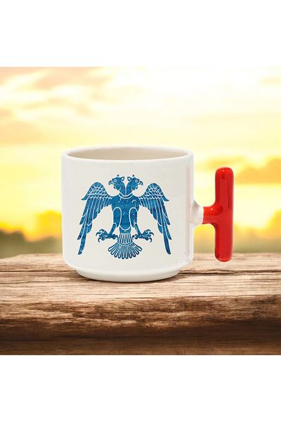 BB TRADE Seljuk State Designed Red t Handle Ceramic Printed Mug Cup 250 ml