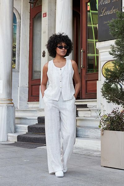 Jument Women's Linen Look Lycra Free High Waist Elastic Waist Side Pockets Wide Leg Palazzo Trousers-Cream
