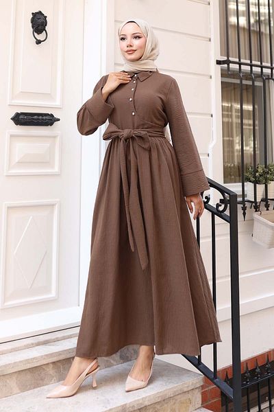 benguen Φόρεμα Hijab με δεμένη μέση καφέ 2304