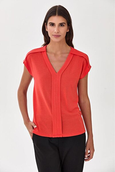 İKİLER V Yaka Önü Patlı Düşük Kol Bluz 025-1013
