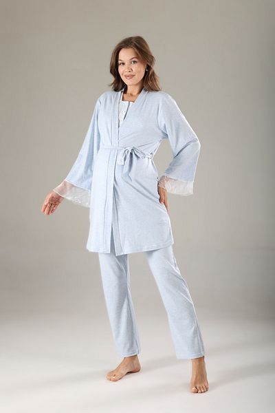 Pelin Set de pijamale de maternitate pentru femei, albastru, cu dantelă, 3 piese