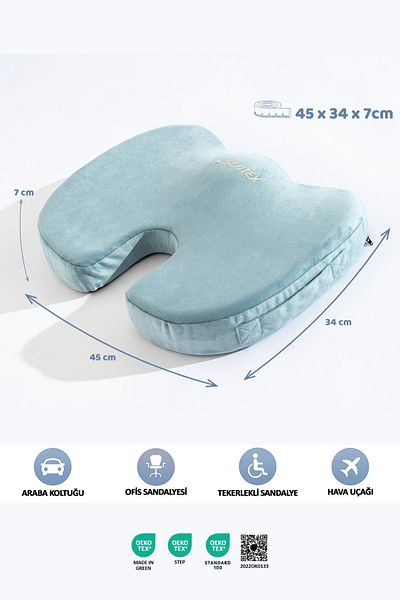 VİSCOTEX Visco Orthopedic, Non-Slip Base, Office, Car, Coccyx Sitting Cushion, 45X34X7Cm