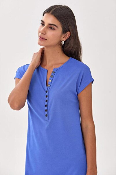 İKİLER Hakim Yaka Önü Çıtçıtlı Düşük Kol Elbise 025-2514