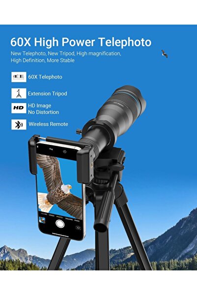 APEXEL High Power 60X HD Telephoto Lens, High Power Telephoto Mobile Cell Phone Lens with Extension