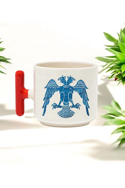 BB TRADE Seljuk State Designed Red t Handle Ceramic Printed Mug Cup 250 ml