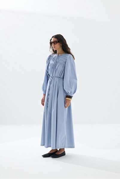 Tailors Room Nakış Detaylı Yıkamalı Elbise - Mavi