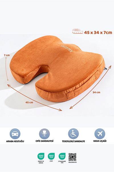 VİSCOTEX Visco Orthopedic, Non-Slip Base, Office, Car, Coccyx Sitting Cushion, 45X34X7Cm