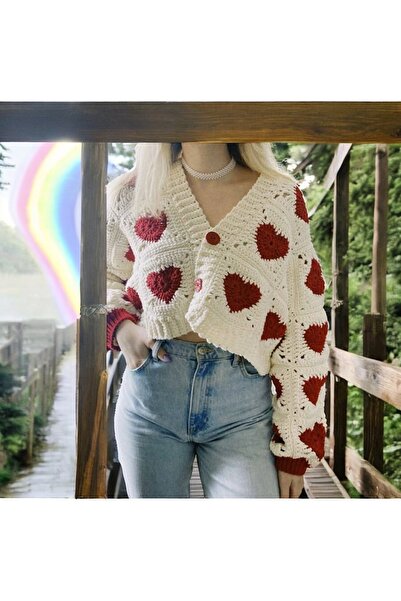 Charme Elegant el örgüsü kalp desenli hırka