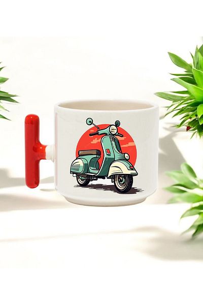 BB TRADE Motorcycle Designed Red t Handle Ceramic Printed Mug Cup 250 ml