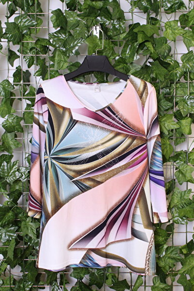 YXL COLLECTION Γυναικεία μπλούζα μεγάλου μεγέθους Lycra Stone με μικτό σχέδιο με μανίκια τριών τετάρτων (4 εποχών)