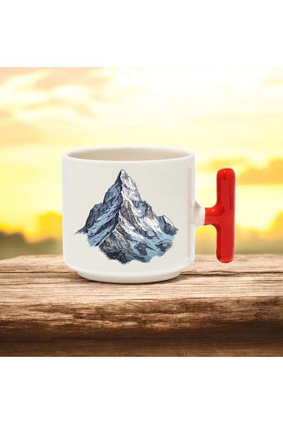 BB TRADE Mountain Design Red t Handle Ceramic Printed Mug 250 ml