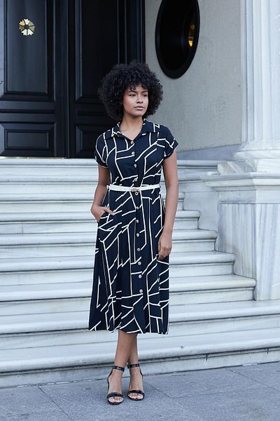 Jument Women's Patterned Collar Off-Shoulder Double Sleeve Belt Midi Length Dress (Leather Belt Included)-Black Checkered