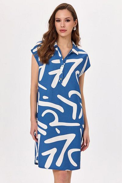 İKİLER Polo Neck Front Snap Patterned Dress 025-4033