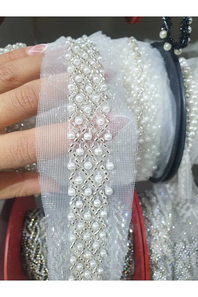 ESRA ŞELEM White Tulle Piping Pearl Beaded Decorative Ribbon Applique Sewing Accessory Hobby
