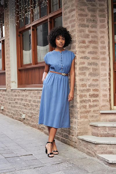 Jument Rochie de damă din țesătură modală mătăsoasă, cu textura moale, guler dominator, talie elastică, cu nasturi în față, sub genunchi-Indigo