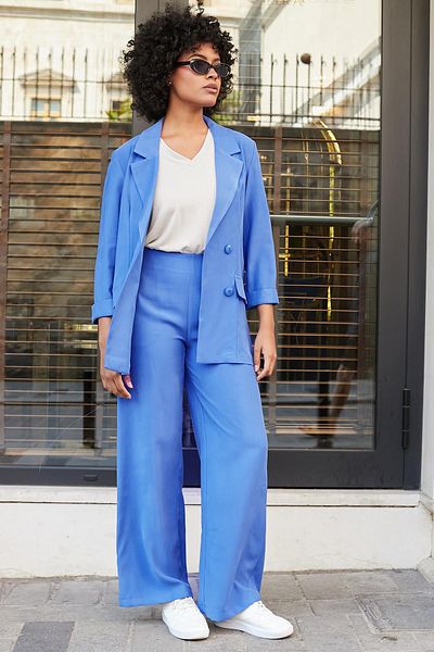 Jument Jachetă oversize casual pentru femei, cu textura mătăsoasă, din țesătură modală, cu buzunar pentru guler - Indigo