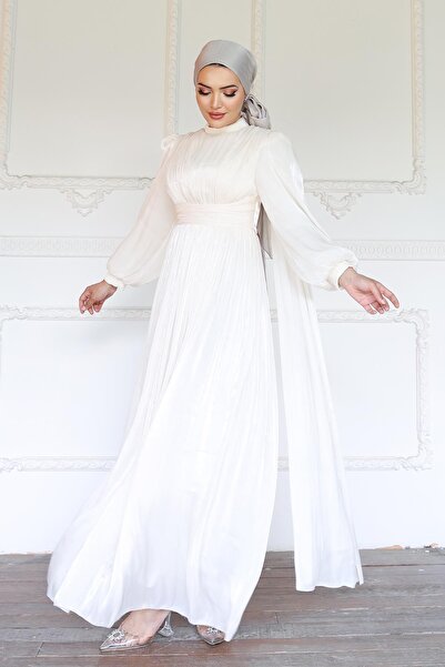 Olcay Βραδινό φόρεμα Yorgo Silk Hijab με λεπτομέρεια ζώνης και κάπας ELEPHANT FEMALE 1237